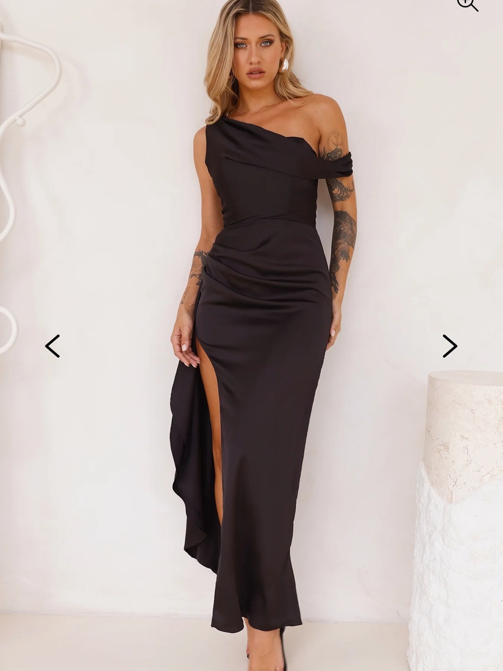 Hello Molly One-Shoulder Black Satin Gown with Side Slit